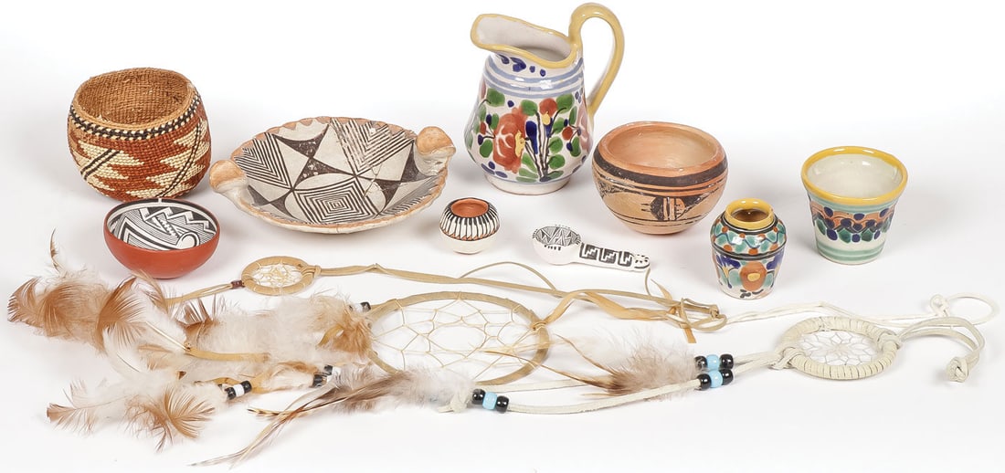 NATIVE AMERICAN POTTERY AND OTHER ITEMS: NATIVE AMERICAN POTTERY AND OTHER ITEMS. Comprising twelve individual pieces, including two miniature Southwest bowls, a ladle, a Hopi polychrome bowl, an Acoma repaired ashtray, a good Northern Calif
