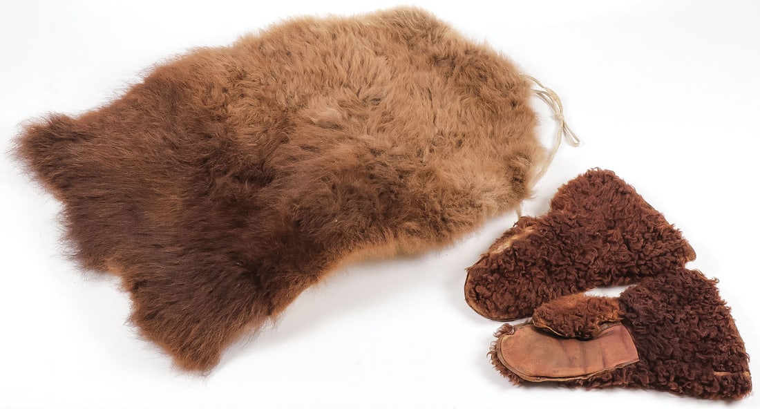 BUFFALO HIDE PELT AND BUFFALO HIDE GLOVES: BUFFALO HIDE PELT AND BUFFALO HIDE GLOVES. Height 32.5 inches, width 23 inches. SHIPPING NOTICE: Except for large, oversized items, Jackson's is your sole and only source for one stop packing and shi