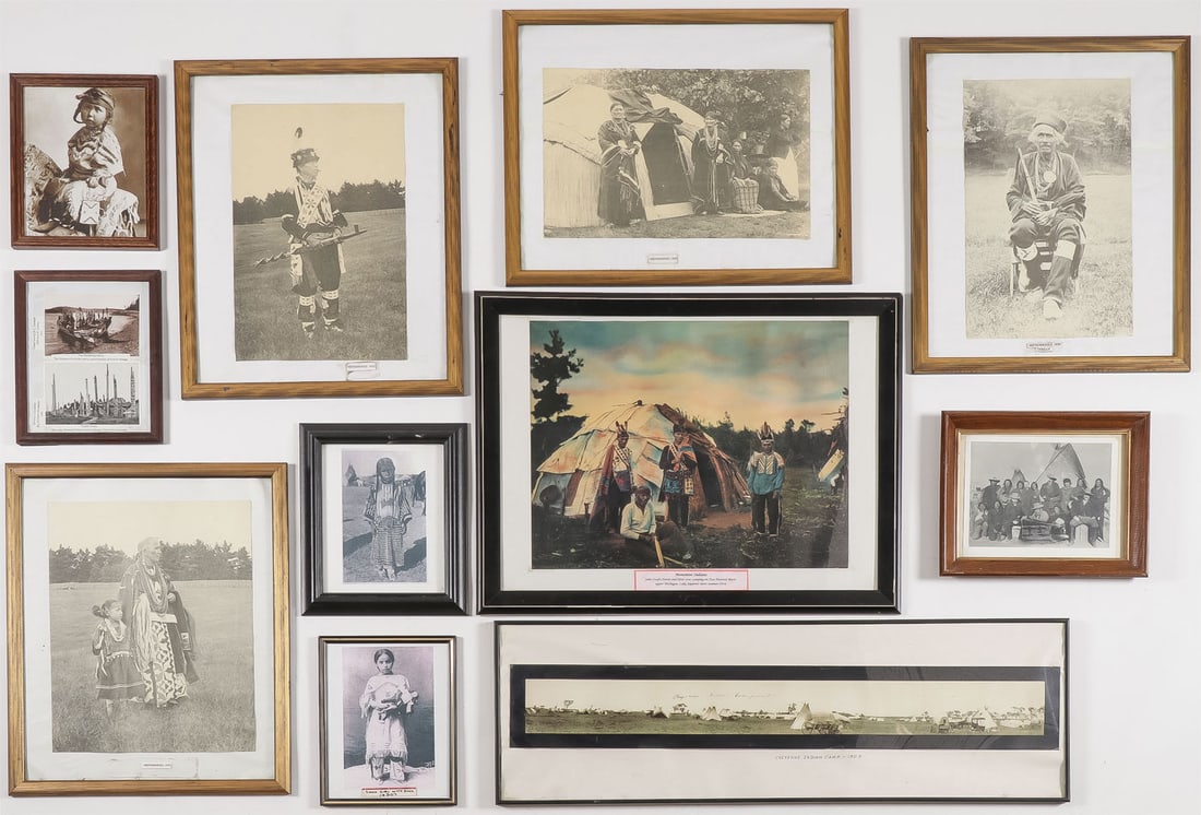 13 FRAMED NATIVE AMERICAN IMAGES: 13 FRAMED NATIVE AMERICAN IMAGES. Comprising 13 individual framed images, most reproduction blowups of earlier photos, but including a vintage yard long of a Cheyenne camp, a vintage tinted scene of M