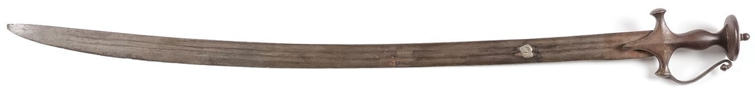 PERSIAN SHAMSHIR SWORD: PERSIAN SHAMSHIR SWORD. Of traditional form with disc pommel and three-groove fuller blade, 18th or 19th century. Length 35.75 inches. SHIPPING NOTICE: Except for large, oversized items, Jackson's is