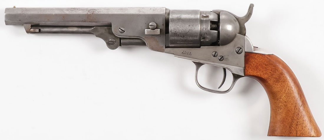 A COLT STYLE POCKET REVOLVER: A COLT STYLE POCKET REVOLVER. 5.5-inch octagon barrel in .36 cal. Engraved cylinder, top of barrel stamped ADDRESS SAM COLT NEW ? YORK CITY, matching numbers 52341. SHIPPING NOTICE: Except for large,