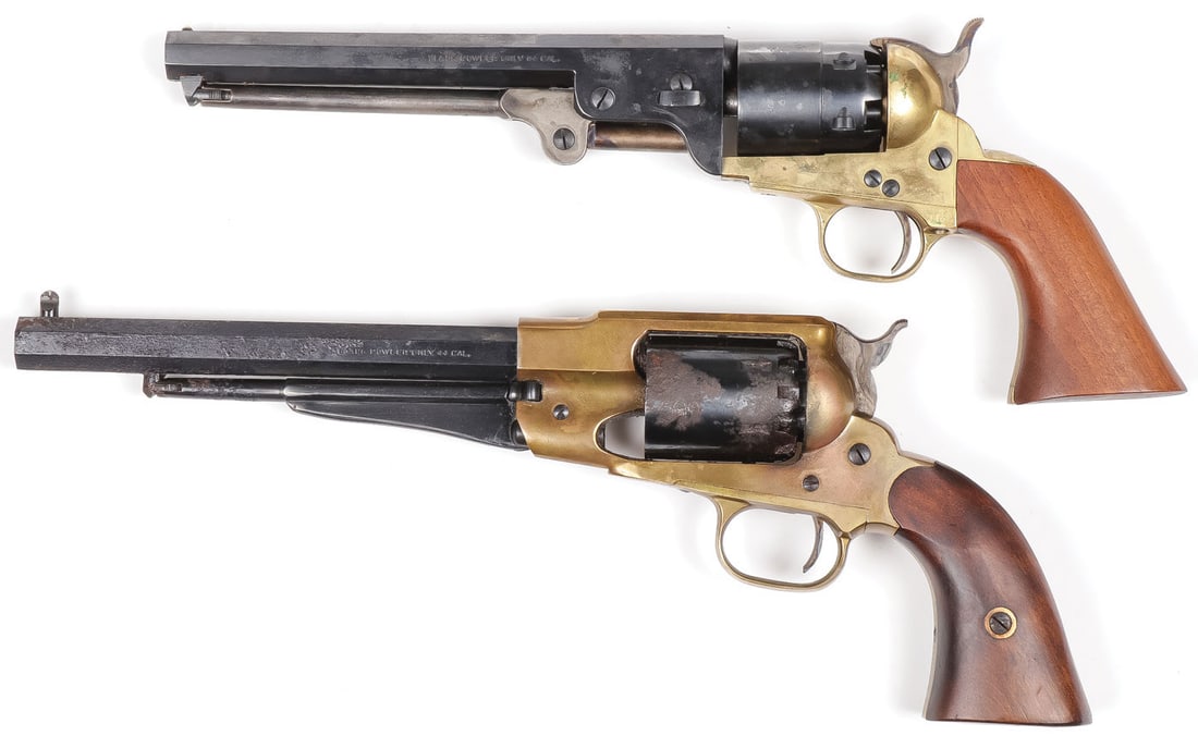 2 CIVIL WAR REPLICA REVOLVERS: 2 CIVIL WAR REPLICA REVOLVERS. Comprising a Pietta .44 cal. 1858 New Army style revolver with 8-inch barrel (corroded), and a Pietta .44 cal. Navy style revolver with 7.5-inch barrel. Together with a 