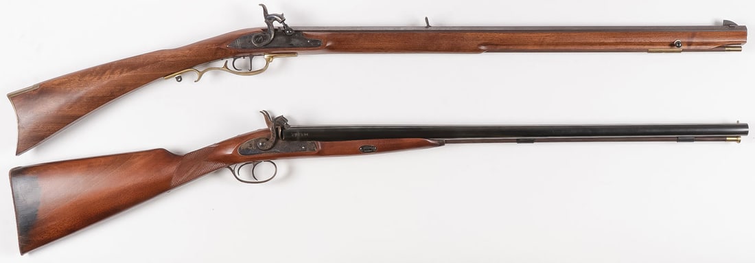 A PERCUSSION MUSKET AND SHOTGUN: A PERCUSSION MUSKET AND SHOTGUN. Comprising a Pedersoli .54 cal. rifle, full walnut stock, overall length 44 inches. Together with a muzzle loading side by side .16 ga., percussion shotgun with walnut