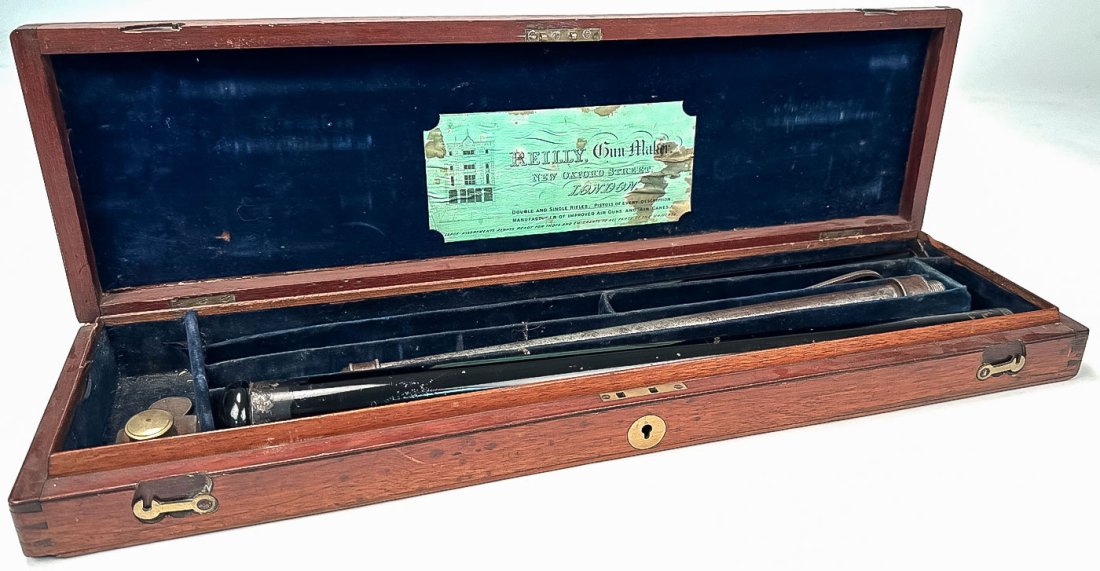 CASED REILLY AIR GUN CANE 19th C: CASED REILLY AIR GUN CANE 19th C. Comprising a good, cased, English made Reilly pneumatic cane gun in original fitted mahogany case with inlaid brass cartouche on hinged lid and brass swivel hook lock