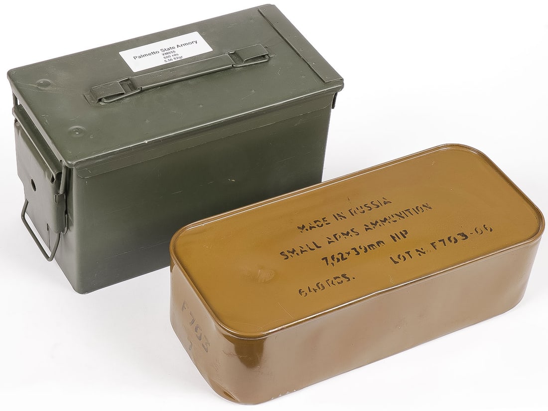 1000 ROUNDS OF 5.56 AND 7.62 X 39MM: 1000 ROUNDS OF 5.56 AND 7.62 X 39MM . Comprising a metal ammo box with 400+ rounds of Palmetto State Armory 5.56 rounds, 62 Gr., together with an unopened Russian tin ammo case containing 640 rounds o