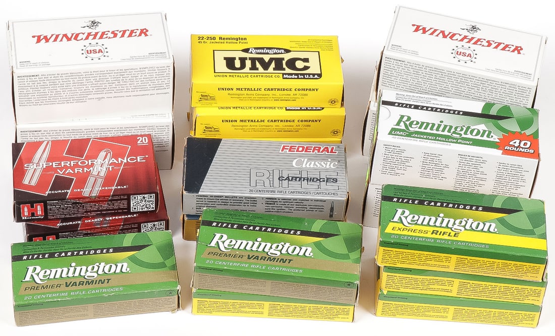 OVER 450 ROUNDS OF 22-250 AMMO: OVER 450 ROUNDS OF 22-250 AMMO . 19 individual boxes, including Winchester, Remington, Federal, and others, as shown. KNOW YOUR STATE’S LAWS REGARDING SHIPMENT OF AMMUNITION PRIOR TO BIDDING. SHIPPI