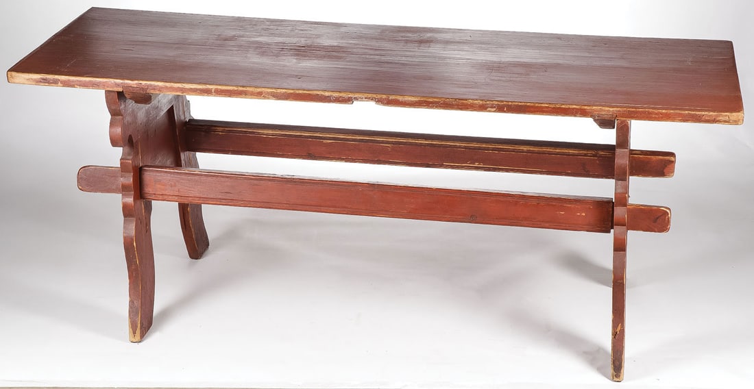 GOOD NORWEGIAN PAINTED TABLE, 19TH C: GOOD NORWEGIAN PAINTED TABLE, 19TH C. Comprising a sturdy red painted pine breakdown table with arched shaped legs on both ends and railed style stretchers. Great original finish. Height 30 inches, wi