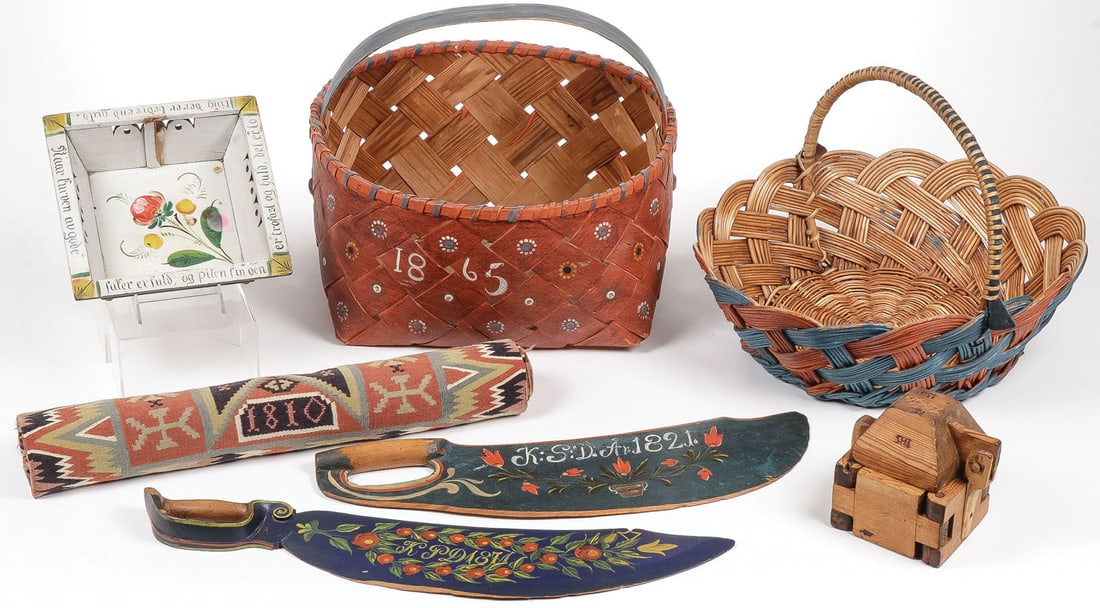 SCANDINAVIAN WOOD, BASKET & TEXTILE GROUP: SCANDINAVIAN WOOD, BASKET & TEXTILE GROUP. Comprising a pair of carved and painted wooden flax tools (scutching knives), one dated 1821, the other dated 1871, greatest length 24 inches. Two large pain