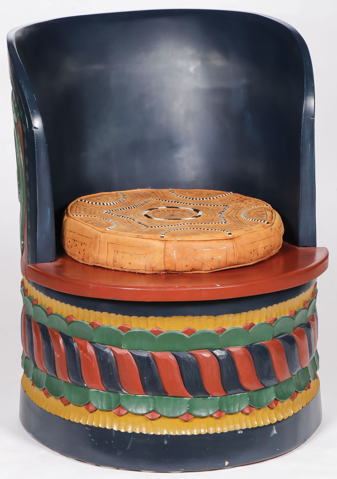 NORWEGIAN CARVED & PAINTED LOG CHAIR: NORWEGIAN CARVED & PAINTED LOG CHAIR. Of traditional design. The skirt in relief carved rope twist border and the verso with spectacular relief carved double-headed dragon. Height 36.5 inches, depth 3