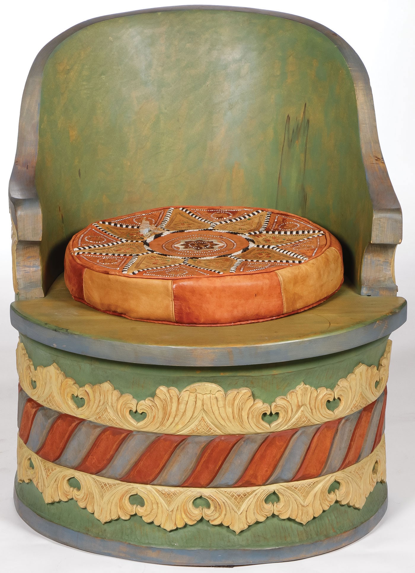CARVED & PAINTED LOG CHAIR: CARVED & PAINTED LOG CHAIR. Of traditional form with heavily carved skirt and polychromed as shown. Height 34.75 inches, depth 30 inches, width 29 inches. Second half, 20th century. LOCAL PICKUP OR TH