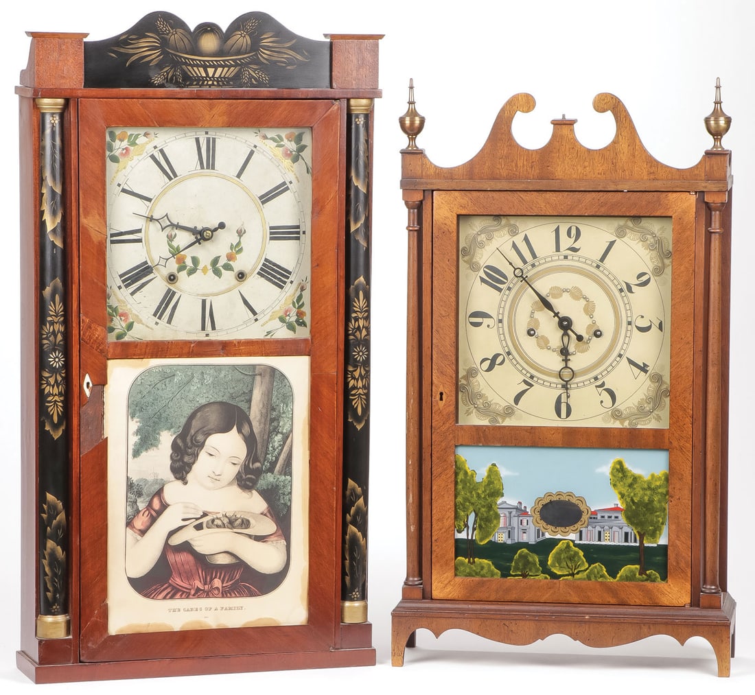 PAIR OF SHELF CLOCKS: PAIR OF SHELF CLOCKS. Comprising an Eli Terry by Henry Hart & Son, Goshen, CT shelf clock. Height 33 inches. Together with another example on bracket feet with scalloped skirt, broken pediment, brass
