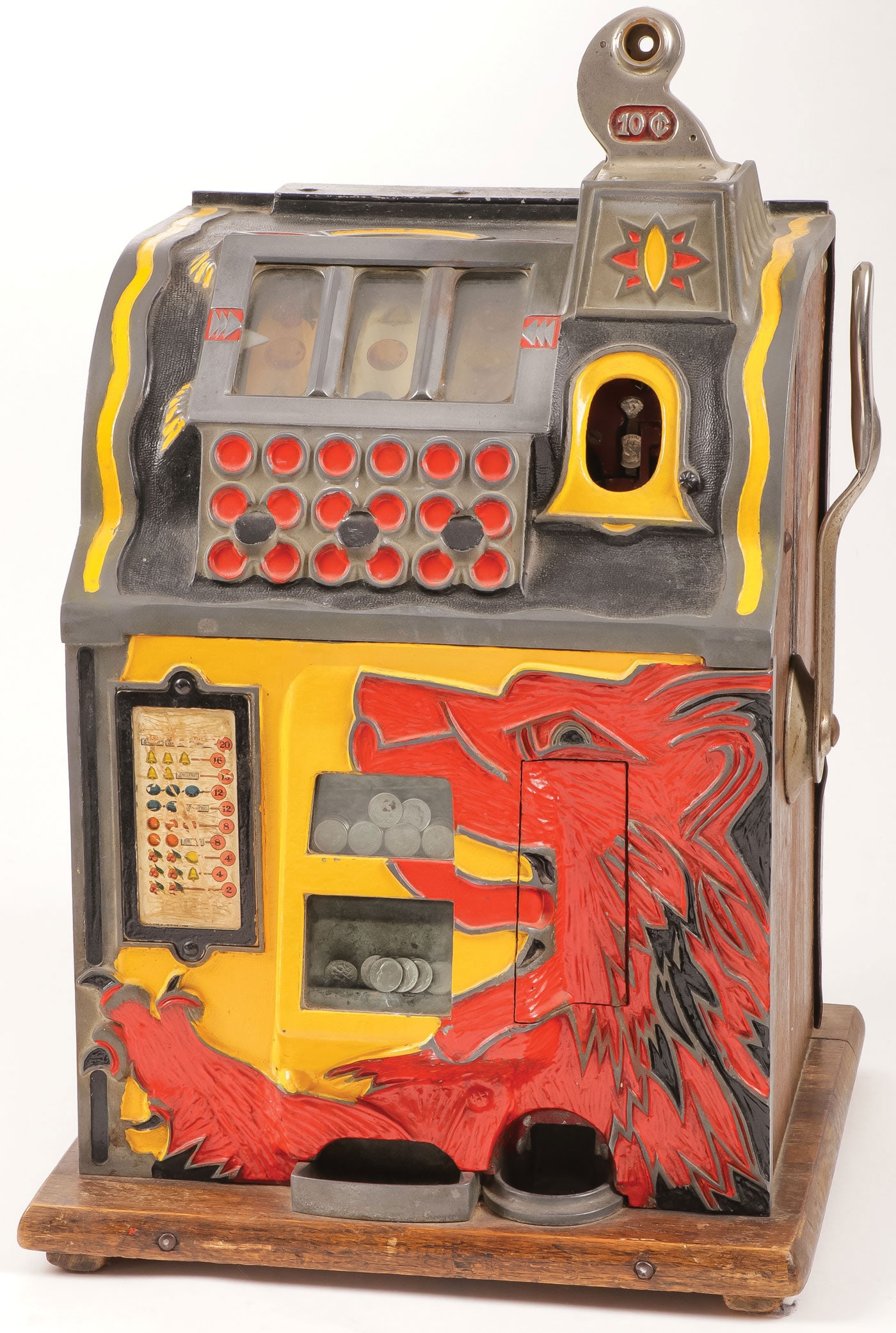 MILLS NOVELTY LION HEAD 10 CENT SLOT MACHINE: MILLS NOVELTY LION HEAD 10 CENT SLOT MACHINE. Overall good operating condition. No key. Height 24.25 inches. LOCAL PICKUP OR THIRD-PARTY SHIPPER ONLY. SHIPPING NOTICE: Except for large, oversized item