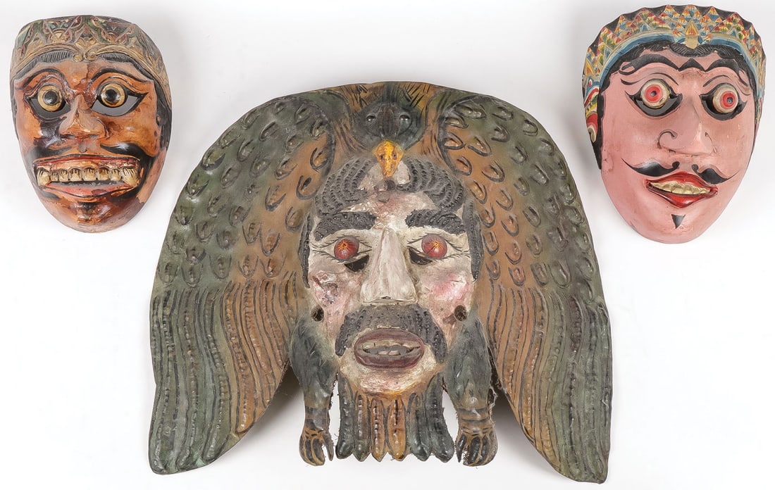 3 VINTAGE FOLK ART MASKS: 3 VINTAGE FOLK ART MASKS. Comprising a large metal painted eagle face mask, together with two carved and painted masks as shown. Greatest measurement, 15.25 inches.SHIPPING NOTICE:Except for large,