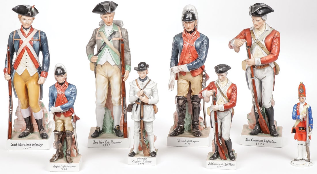 PORCELAIN REVOLUTIONARY WAR FIGURES: PORCELAIN REVOLUTIONARY WAR FIGURES. Comprising seven Andrea hand-painted porcelain figures depicting various regimens of the US Revolutionary War. Greatest height 12.25 inches. Together with a German
