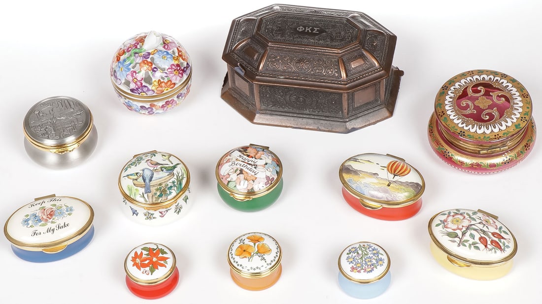 GROUP OF 12 MINIATURE BOXES: GROUP OF 12 MINIATURE BOXES. Including 8 Halycon Days enameled boxes of various design as shown, a Royal Selangor pewter "Singapore" example with gilt rim, a hand painted Herend Hungary pierced work c