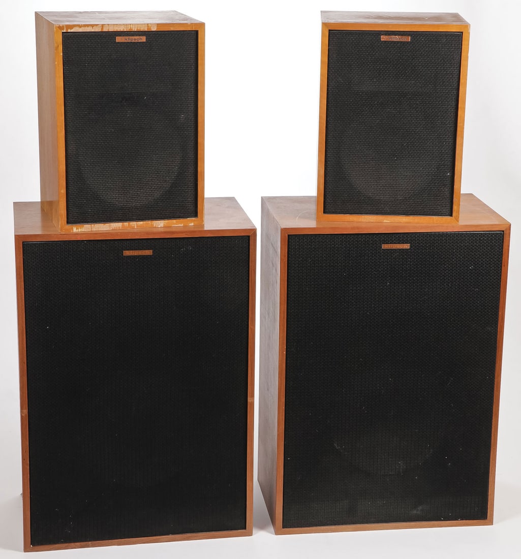 TWO PAIRS OF VINTAGE KLIPSCH SPEAKERS: TWO PAIRS OF VINTAGE KLIPSCH SPEAKERS. Comprising a pair of Klipsch Cornwall model CWO speakers, serial numbers 17S791 and 17S792, height 36 inches, width 25.25 inches, depth 15.5 inches, and a pair o