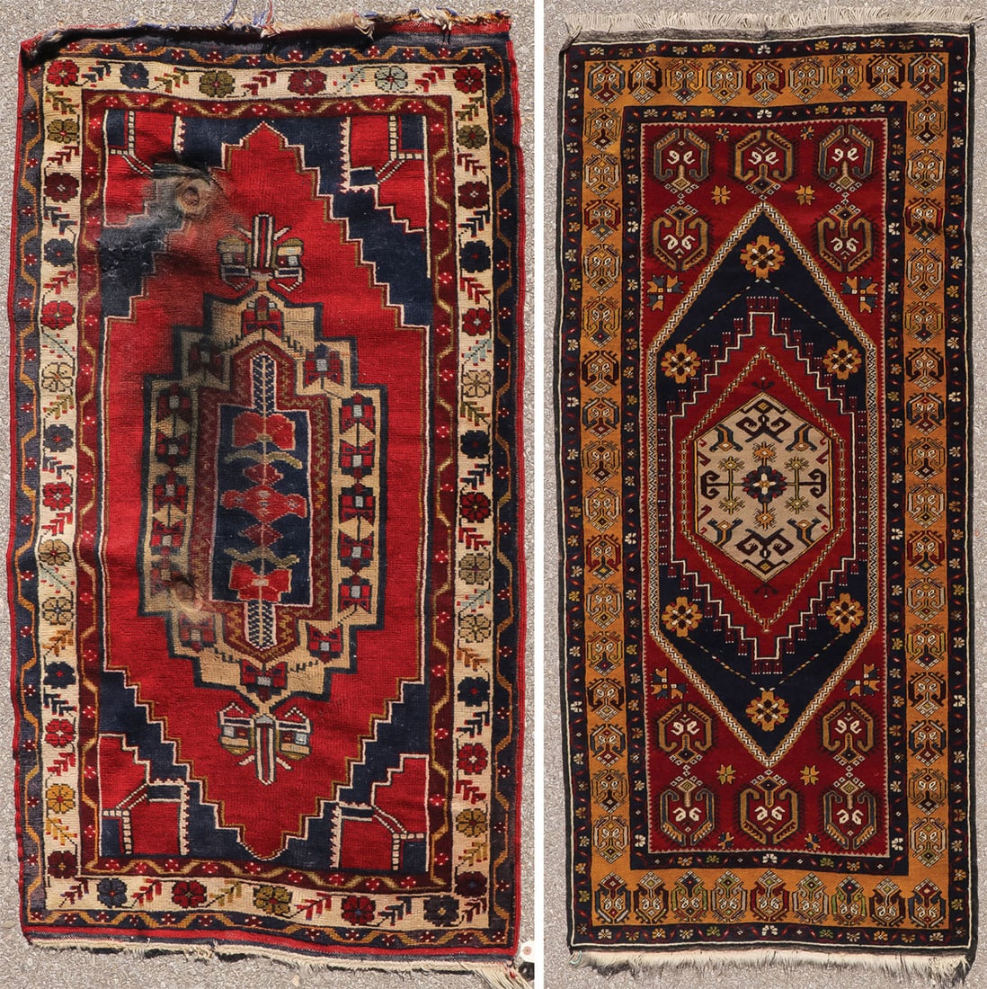 PAIR OF ATTRACTIVE ORIENTAL RUGS: PAIR OF ATTRACTIVE ORIENTAL RUGS. The first with ivory central medallion, red ground, and ivory border, 62.5 inches x 37 inches, the second with hooked ivory central medallion on blue ground with gold