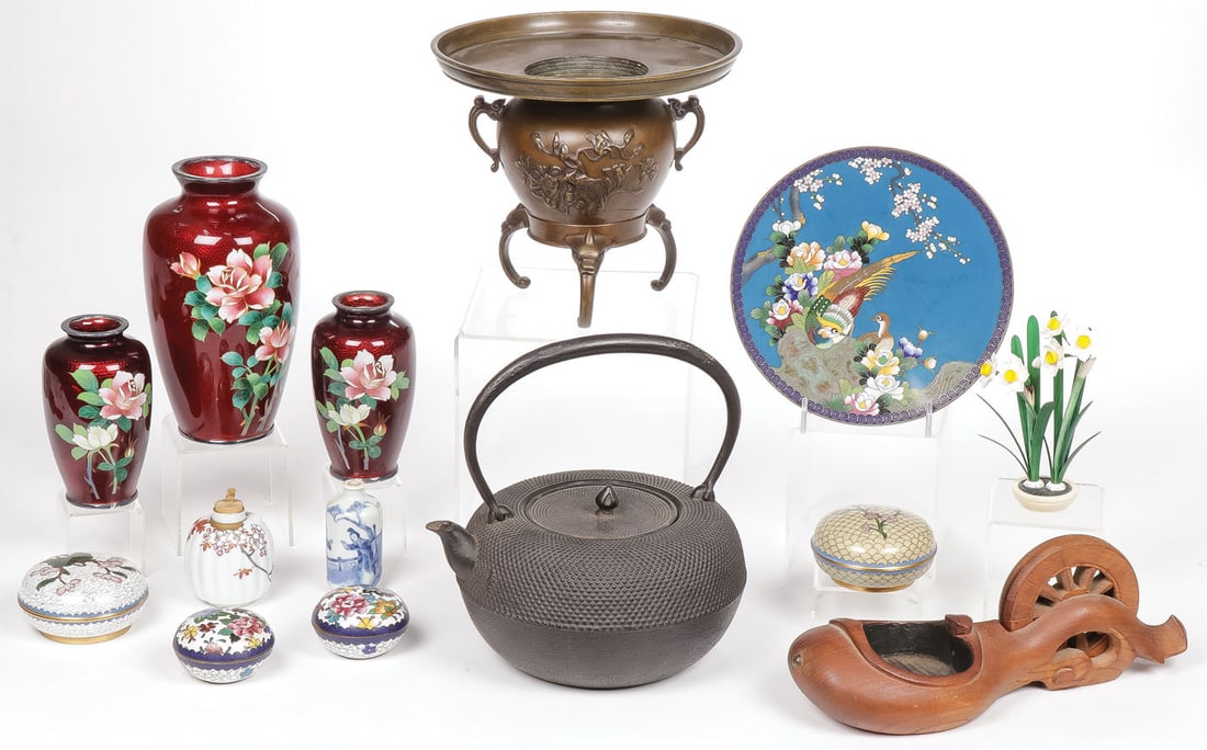ASIAN DECORATIVE ARTS GROUP: ASIAN DECORATIVE ARTS GROUP. Comprising fourteen individual pieces. Including a Japanese bronze urn with insert, Japanese cast iron tea kettle, three Japanese enameled vases, four cloisonné ename