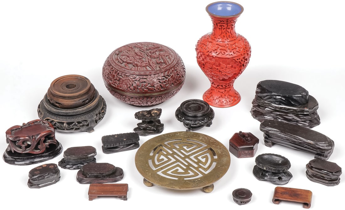 GOOD GROUP ASIAN DECORATIVE ARTS: GOOD GROUP ASIAN DECORATIVE ARTS. Over 30 individual items including a carved cinnabar round lacquer box depicting figures in a landscape with lotuses throughout, signed with characters on underside,