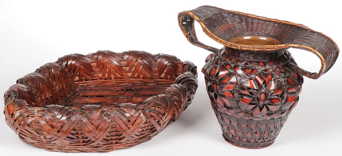 TWO FINE JAPANESE IKEBANA WOVEN BASKETS: TWO FINE JAPANESE IKEBANA WOVEN BASKETS. Comprising a double handled example intricately woven in a varying colored bamboo patterns with ceramic insert, height 8.5 inches (21.5 inches), and a diamond 