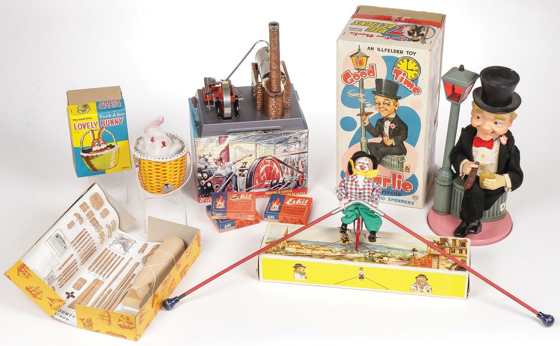 VINTAGE TOYS IN ORIGINAL BOXES: VINTAGE TOYS IN ORIGINAL BOXES. Comprising a Japanese Inakita "Peek-a-Boo Lovely Bunny" in original box, a German FEWO balancing clown cyclist in original box, a Japanese battery operated "Good Time C
