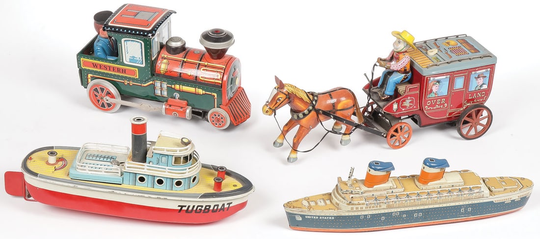 FOUR TIN LITHO TOYS: FOUR TIN LITHO TOYS. Comprising a Japanese tin litho cruise ship, a Japanese San battery-operated tugboat, Japanese battery-operated "Western" train locomotive, and a Cragstan battery-operated "Overla