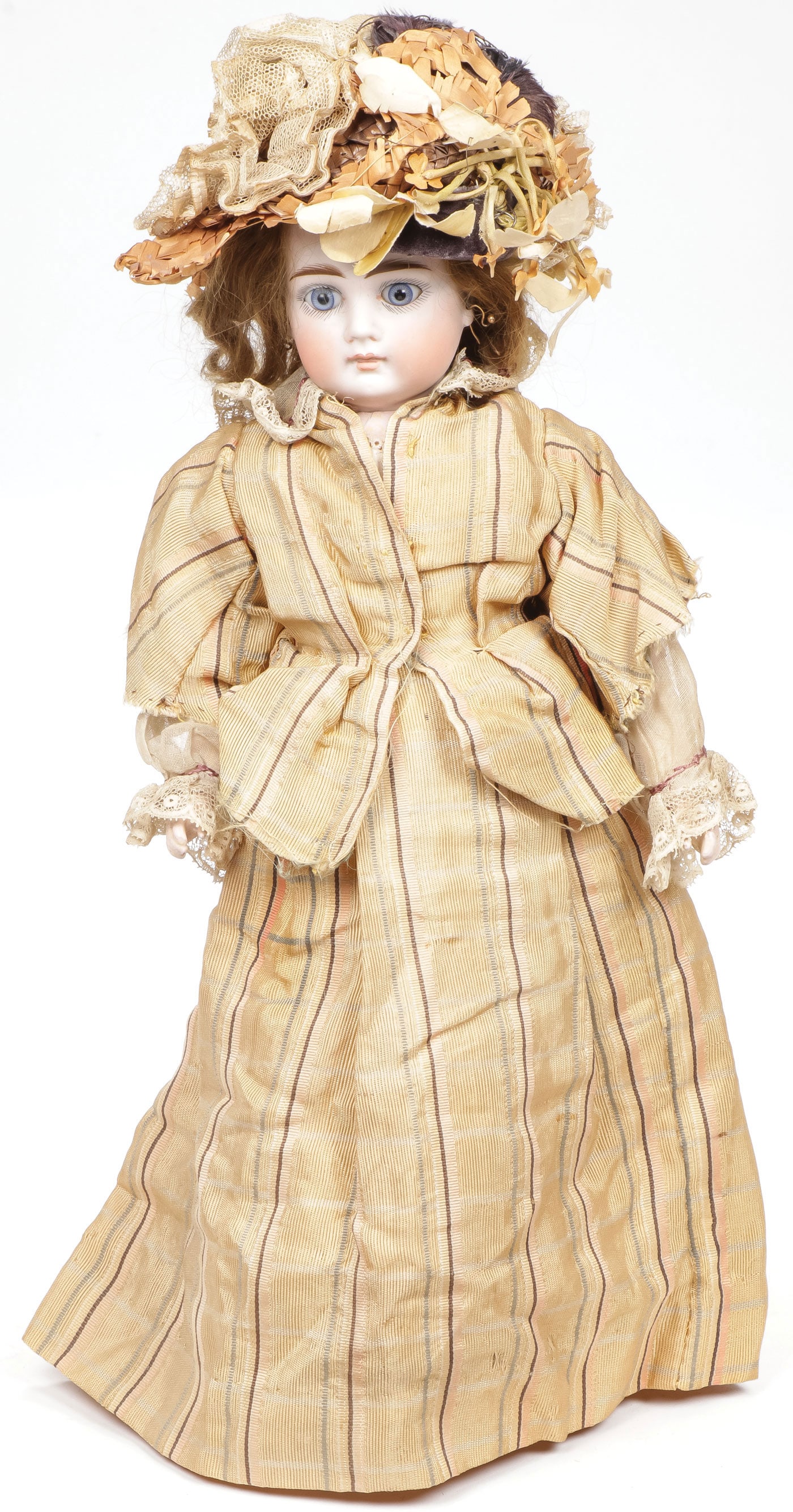 VINTAGE BISQUE HEAD DOLL, 19TH C: VINTAGE BISQUE HEAD DOLL, 19TH C. With glass paperweight eyes, earrings, human-hair wig, wood-jointed body, and likely the original clothes and bonnet, 14.75 height inches.SHIPPING NOTICE:Except for