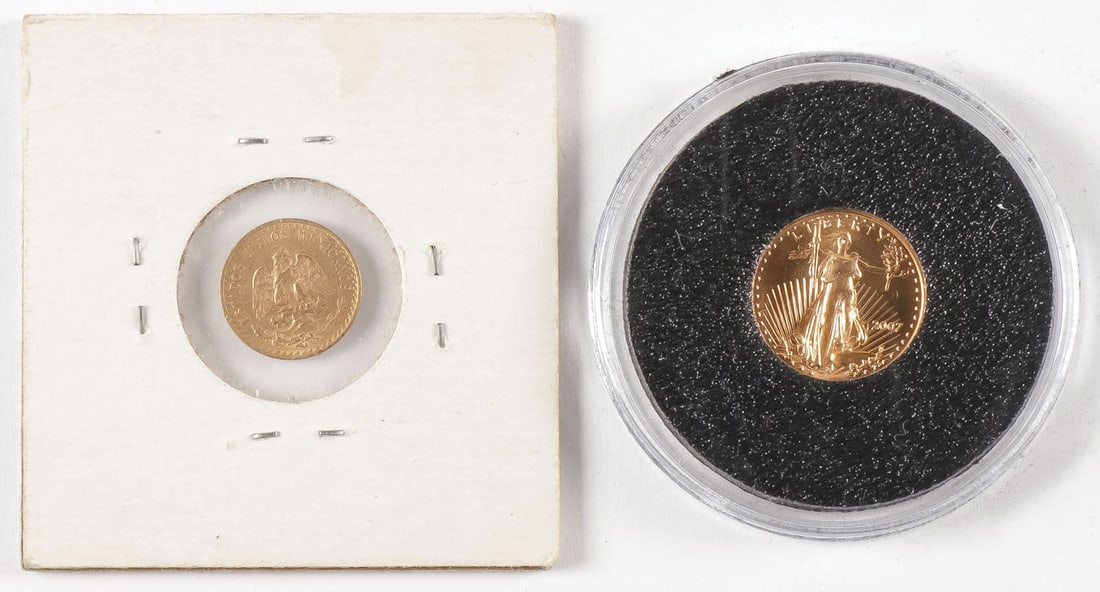 TWO GOLD COINS: TWO GOLD COINS. Comprising one US Mint 2007 American Gold Eagle $5 coin, together with a 1920 Mexican 2 peso gold coin. SHIPPING NOTICE: Except for large, oversized items, Jackson's is your sole and
