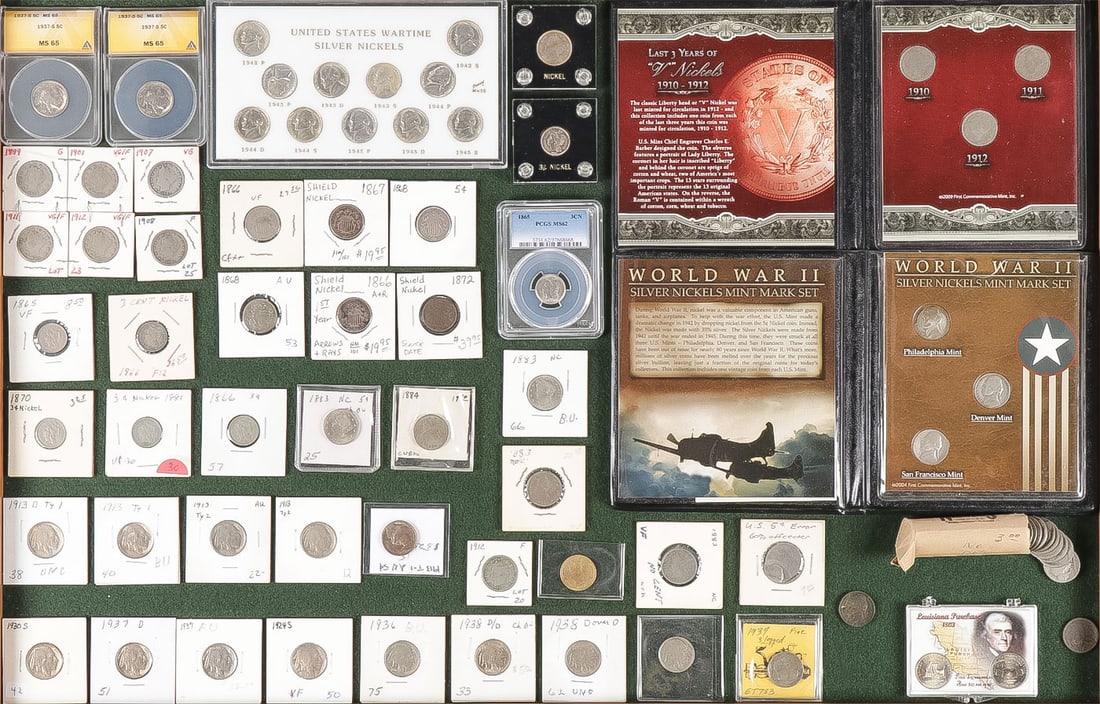 VINTAGE U.S. 5 CENT GROUP: VINTAGE U.S. 5 CENT GROUP Comprising over 100 examples, circa 1865-1945 including seven 3 cent nickels various dates, two slabbed 1937-S Buffalo Nickles both MS65, also 15 Liberty V nickels, six shiel