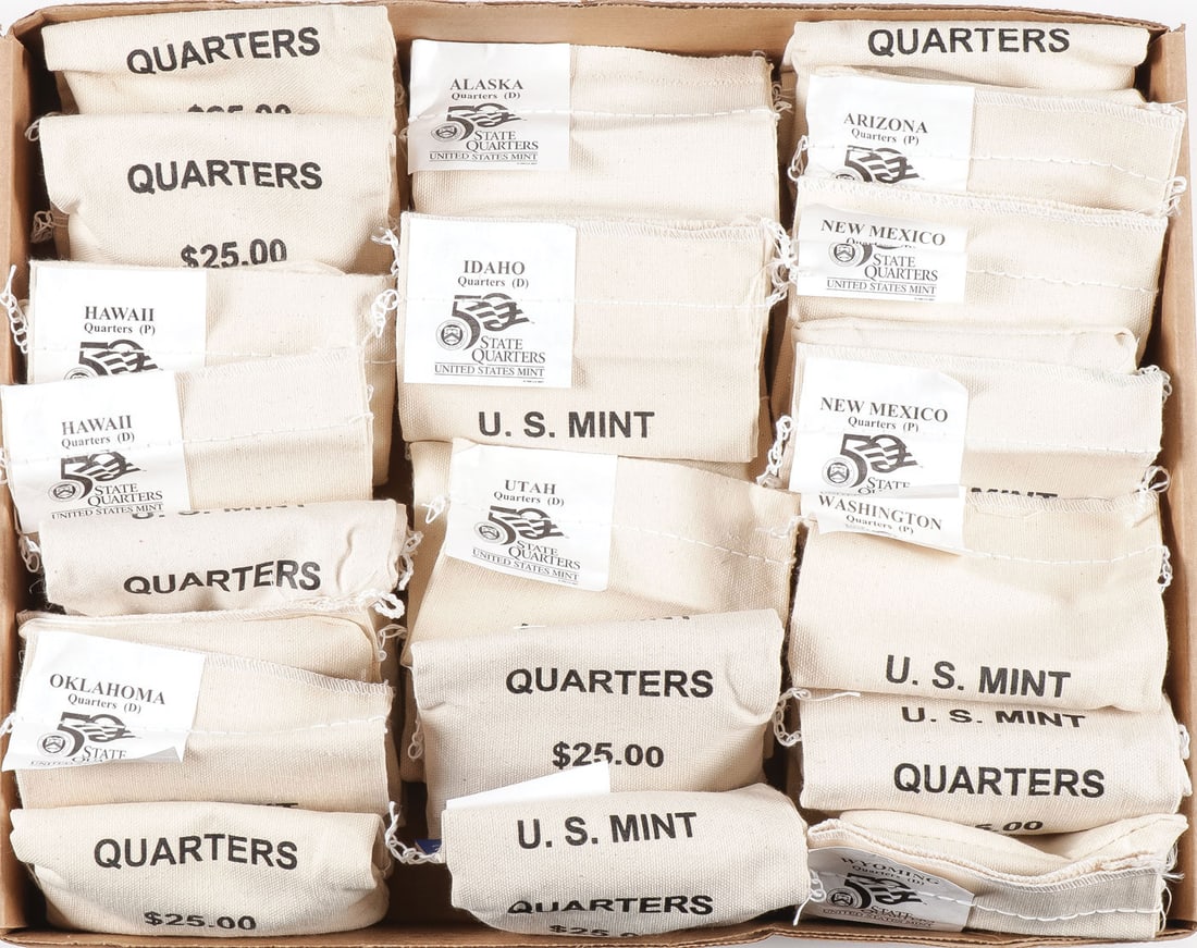 24 MINT BAGS OF US STATES & WOMEN QUARTERS: 24 MINT BAGS OF US STATES & WOMEN QUARTERS. Comprising 24 mint bags of quarters containing 100 quarters in each bag, of various dates, and variously marked ‘P' and ‘D' including examples o