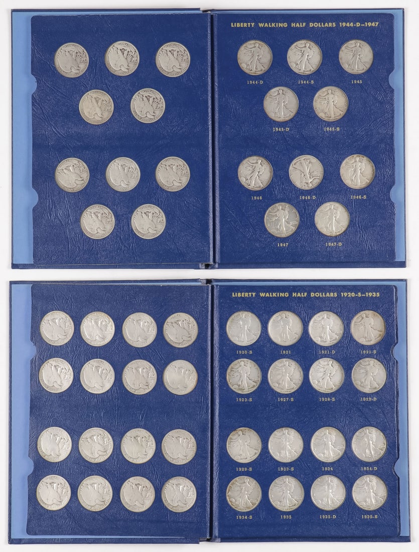 US SILVER LIBERTY WALKING HALVES: US SILVER LIBERTY WALKING HALVES. Comprising two Whitman albums including a complete 1916-1940 album and a complete 1941-1947 album. Total count, 65 individual US silver walking half-dollars. SHIPPING