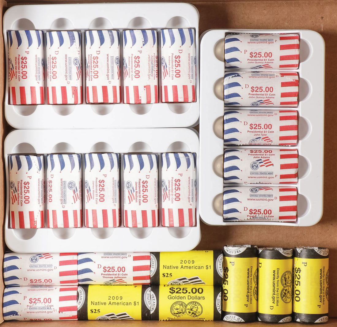 24 MINT ROLLS OF US DOLLAR COINS: 24 MINT ROLLS OF US DOLLAR COINS. Comprising 18 mint rolls of US Presidentials, variously marked ‘P' and ‘D. George Washington, Thomas Jefferson, John Quincy Adams, and others. Together wi