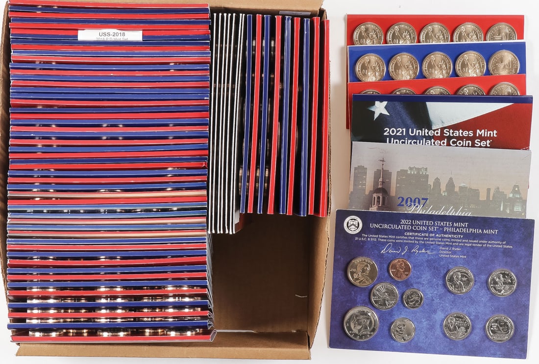 LARGE GROUP OF US MINT UNCIRCULATED COIN SETS: LARGE GROUP OF US MINT UNCIRCULATED COIN SETS. Comprising a group of 65 US Mint uncirculated coin sets, from both Philadelphia and Denver Mints, and including examples from years 2008-2022 as shown. S