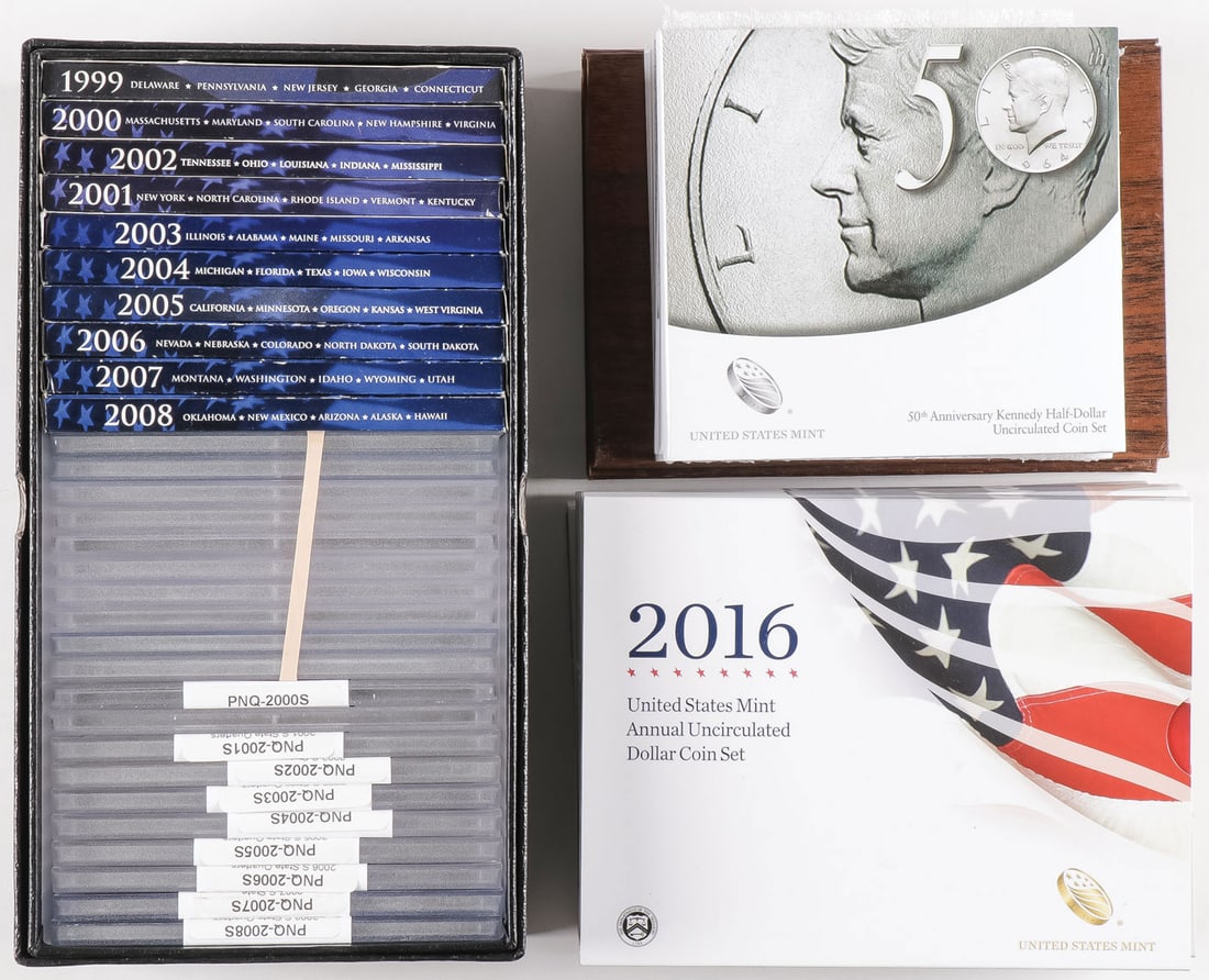 LARGE GROUP US MINT DOLLARS, QUARTERS, & KENNEDY: LARGE GROUP US MINT DOLLARS, QUARTERS, & KENNEDY HALVES. Comprising 8 US Mint annual uncirculated dollar coin sets dated 2013-2016, including two examples of each year, together with 30 US Mint 50 sta