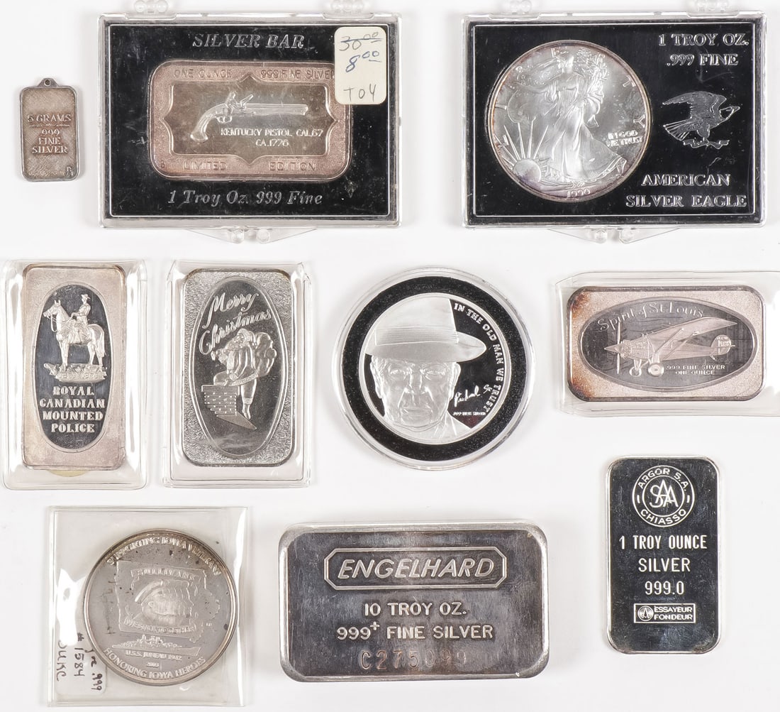 10 PIECE.999 FINE SILVER BULLION GROUP: 10 PIECE.999 FINE SILVER BULLION GROUP. 17.9 troy ounces total. Comprising a variety of shapes and sizes by a variety of mints as shown, including an Engelhard 10 troy ounce bar, and limited-edition e