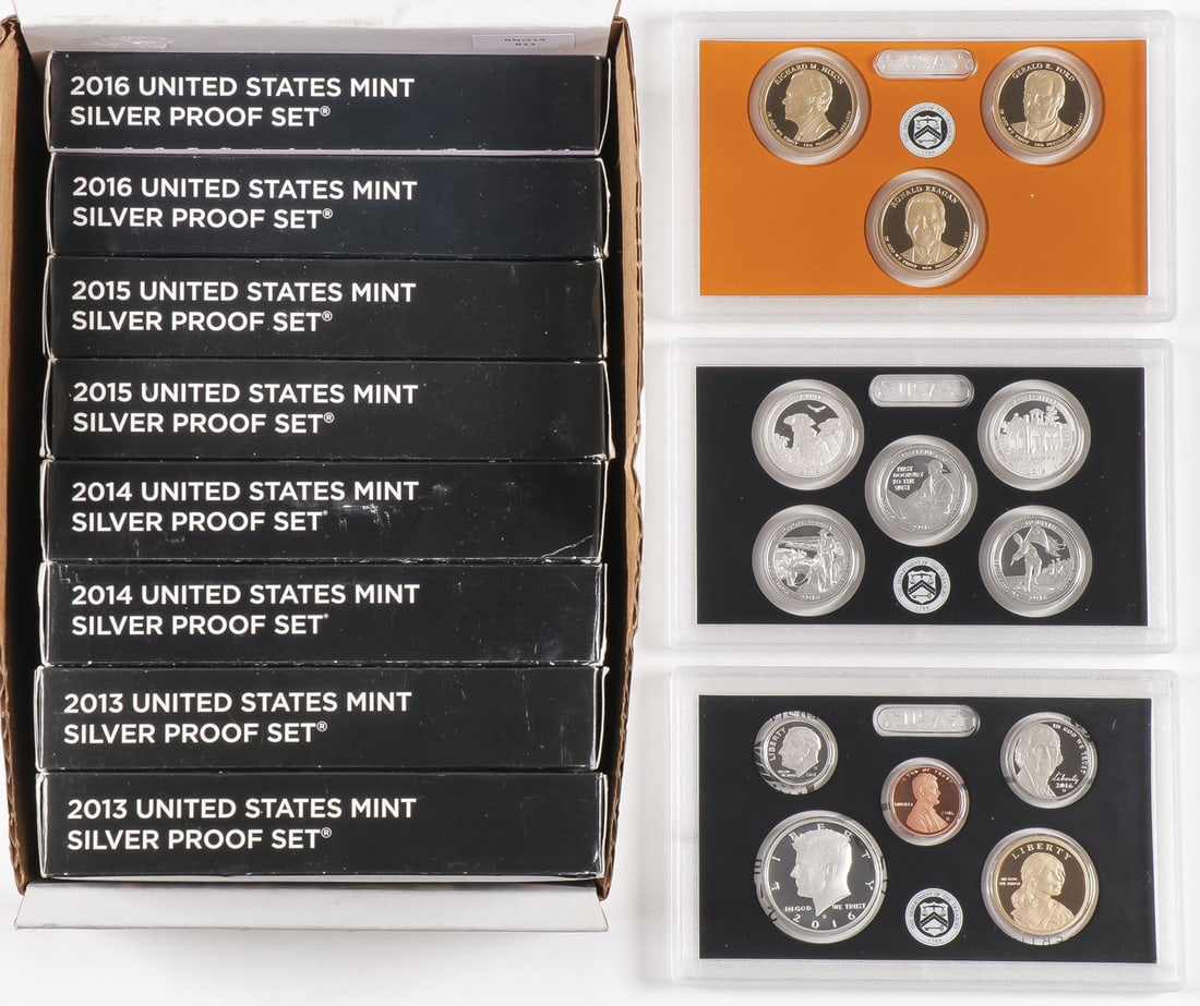8 US MINT 14 PIECE SILVER PROOF SETS: 8 US MINT 14 PIECE SILVER PROOF SETS. Comprising 2 sets each from years 2013 through 2016, each with three individual cased coins containing a total of 14 individual coins including some silver in ori