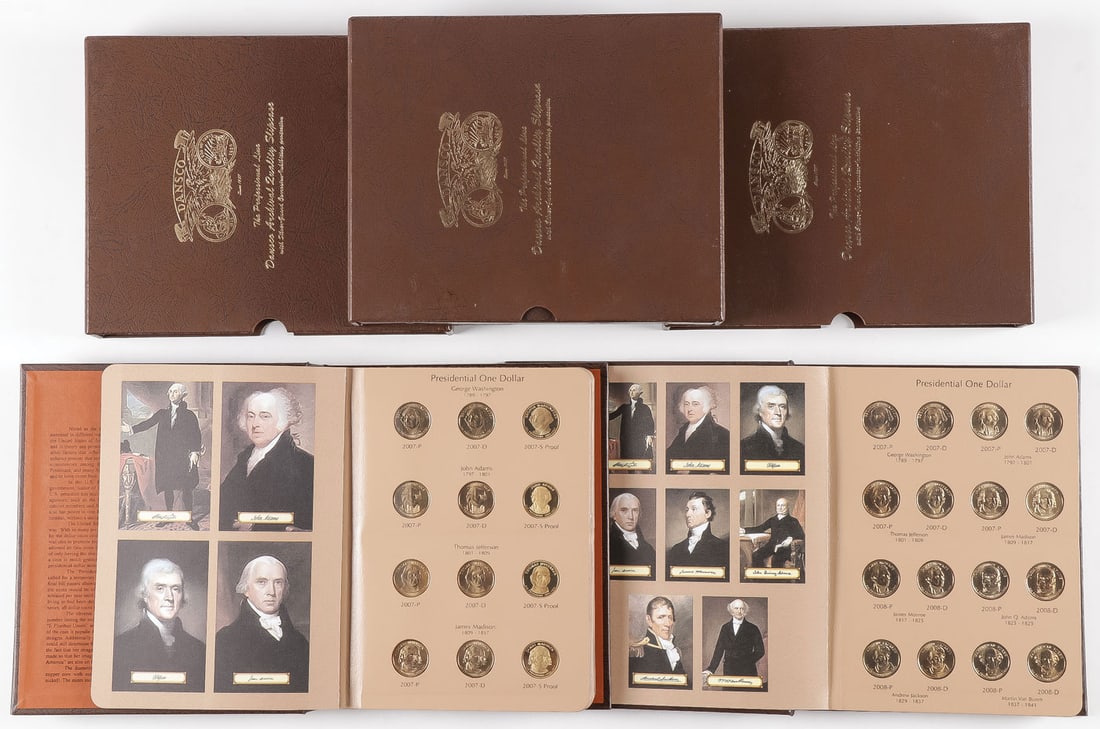 2 DANSCO ALBUMS WITH $1 COINS: 2 DANSCO ALBUMS WITH $1 COINS. Comprising a Dansco album with slipcase containing 74 US Presidential $1 coins dated 2007-P ? 2016-D, and also including 2 Gerald Ford coins and 2 Ronald Reagan coins, t