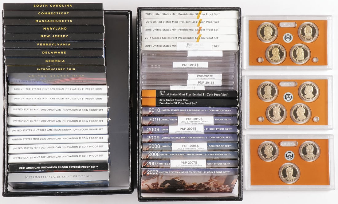 US $1 COIN PROOF & REVERSE PROOF SETS: US $1 COIN PROOF & REVERSE PROOF SETS. Comprising a good group of 8 US Mint American Innovation $1 coin proof sets, dated 2018-2021 with two examples from each year, with 10 US Mint American Innovatio