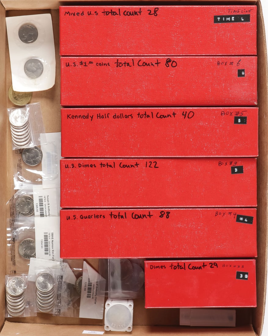 MASSIVE US MIXED COIN GROUP: MASSIVE US MIXED COIN GROUP. Including 94 1$ coins, Susan B. Anthony, Sacagaweas, most all in proof covers, as well as 40 Kennedy half dollars (no silver), most uncirculated, 150 dimes, mostly Rooseve