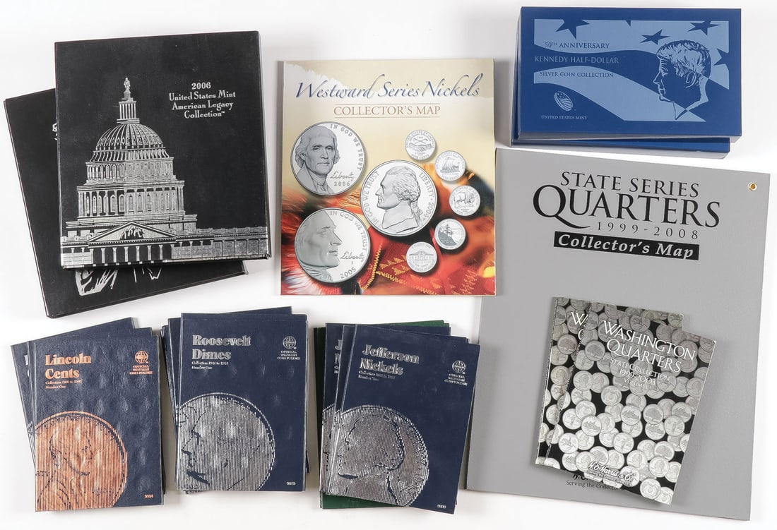 US MINT PROOFS AND COMMEMORATIVES: US MINT PROOFS AND COMMEMORATIVES. Comprising a large and good collection including an H.E. Harris and Co. States Series Quarters Collectors Map Album 1999-2008, complete. A 2005 and 2006 US Mint Amer