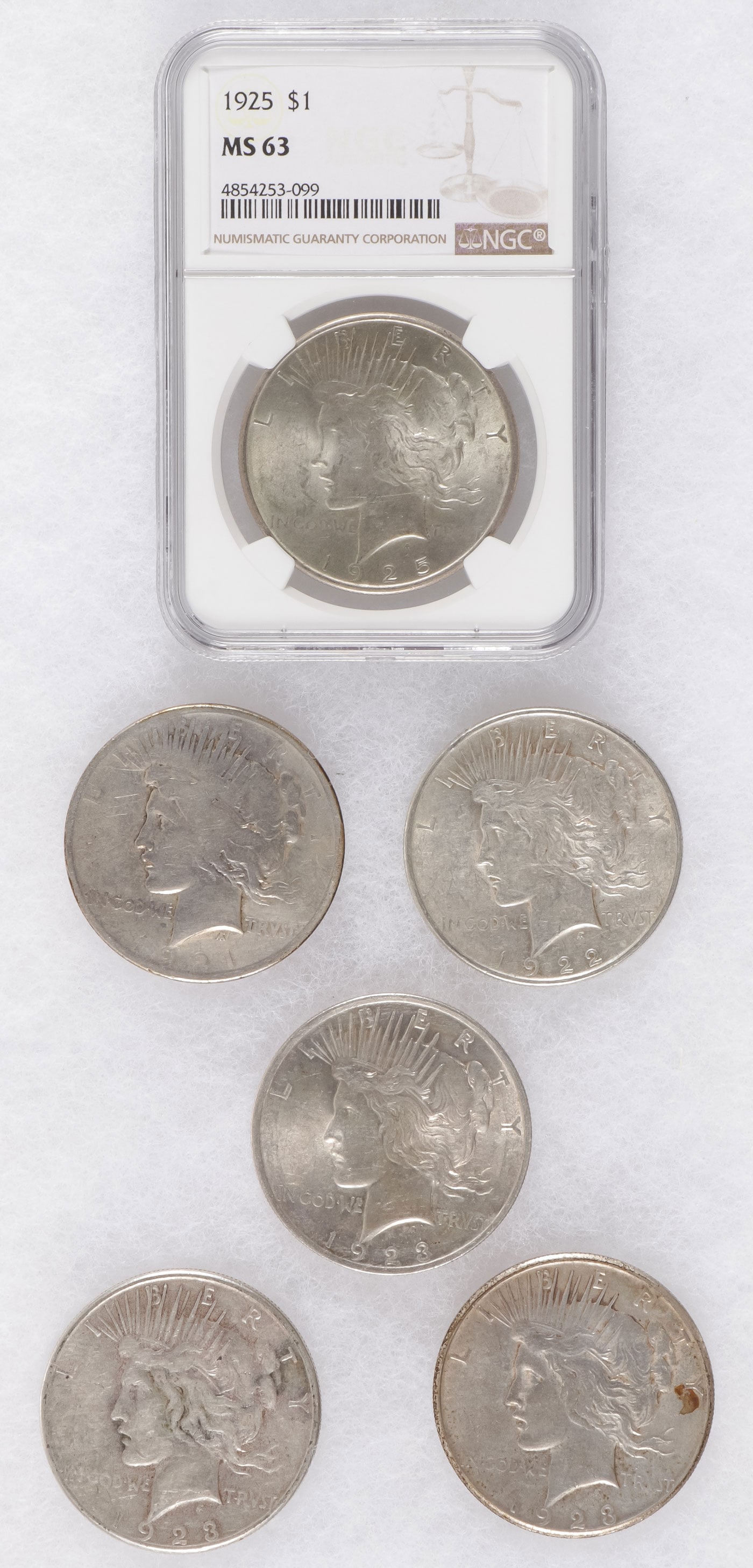 SIX US SILVER PEACE DOLLARS: SIX US SILVER PEACE DOLLARS. Including a 1925 MS63 in NGC slab, as well as 5 others as shown. SHIPPING NOTICE: Except for large, oversized items, Jackson's is your sole and only source for one stop pa