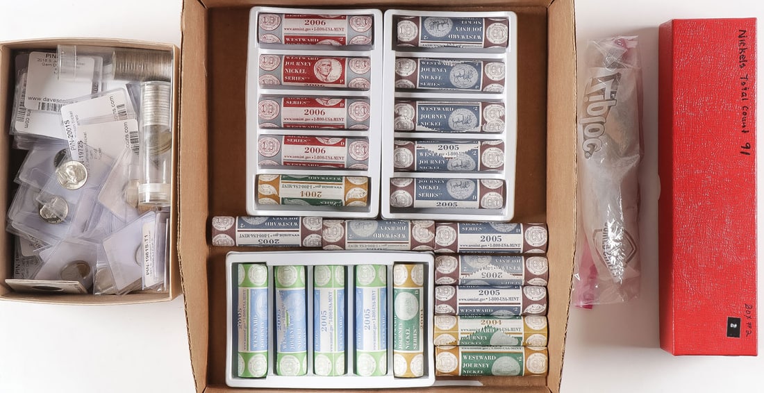 GOOD JEFFERSON NICKEL GROUP: GOOD JEFFERSON NICKEL GROUP. Including 22 rolls of US mint nickels, various themes, 2004 ? 2006. As well as 240 individual or loose nickels, as early as 1943 and later. SHIPPING NOTICE: Except for lar