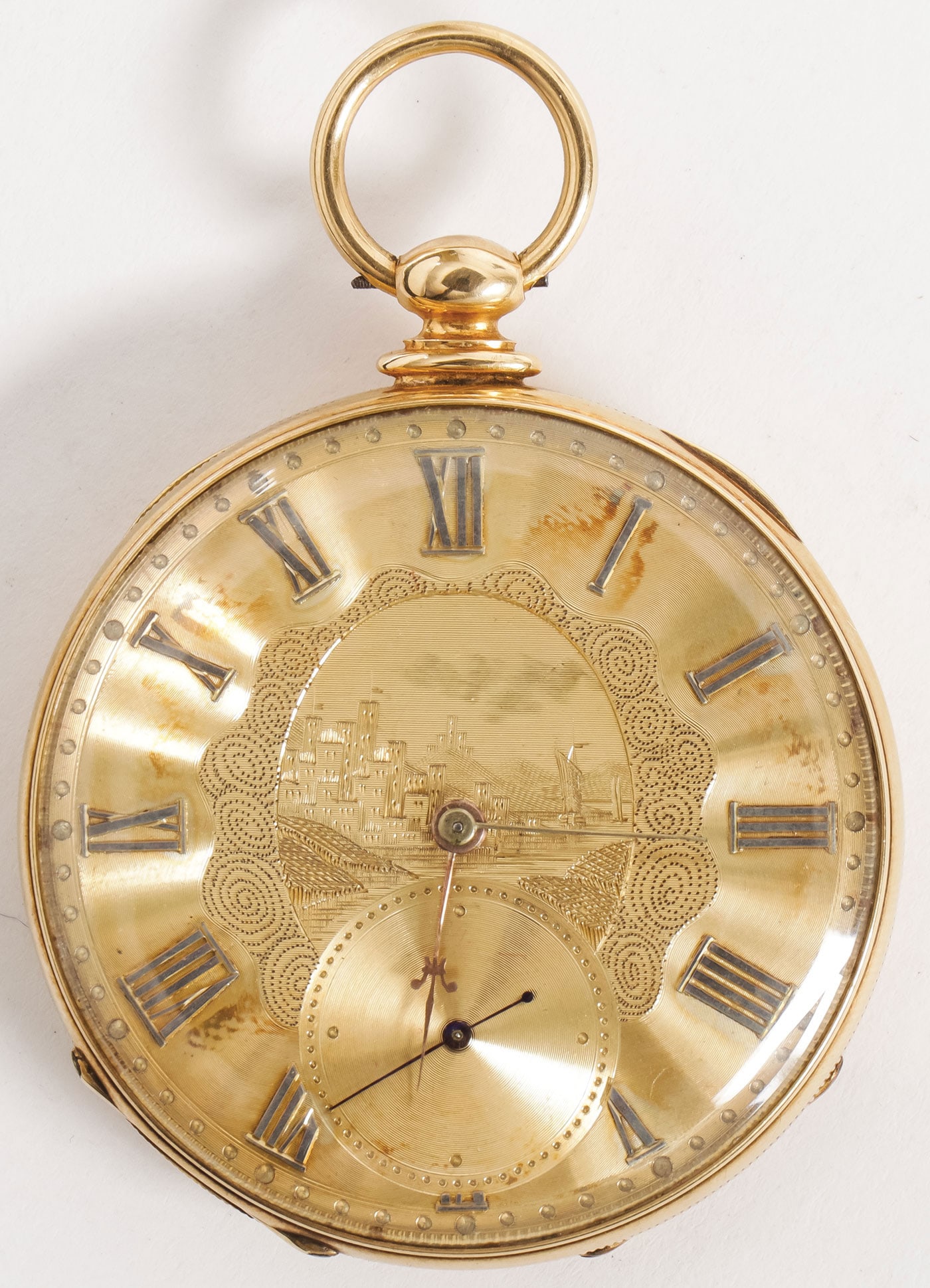 18KT GOLD JOSEPH FRENCH OPEN FACE KEY WIND POCKET: 18KT GOLD JOSEPH FRENCH OPEN FACE KEY WIND POCKET WATCH. The face with etched cityscape scene, Roman numerals and subsidiary seconds. Verso of case engraved with blank cartouche, the interior marked 1