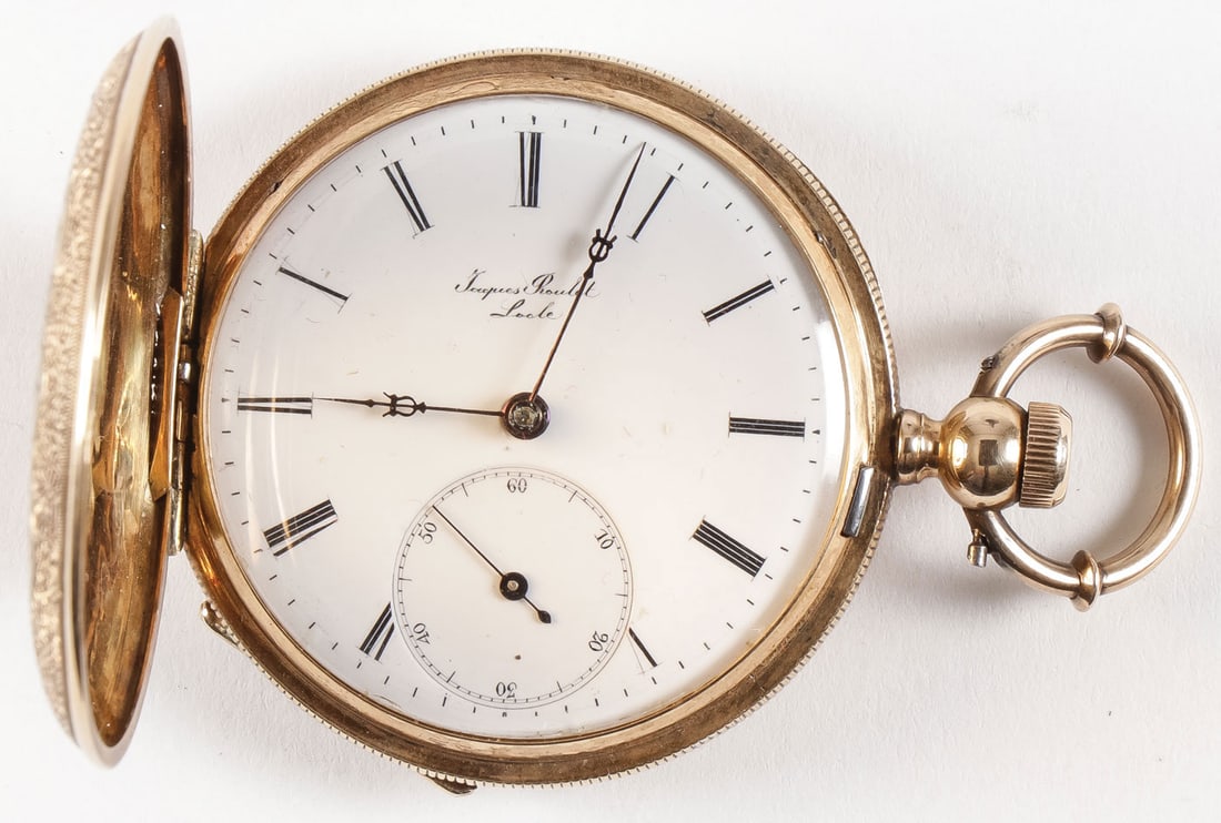 A JAQUES ROULET 18KT GOLD POCKET WATCH: A JAQUES ROULET 18KT GOLD POCKET WATCH. Ornate nielloed and chased hunt case, key wind, Roman numerals, subsidiary seconds, white enamel face inscribed Jaques Roulet Locle, and interior cover marked J