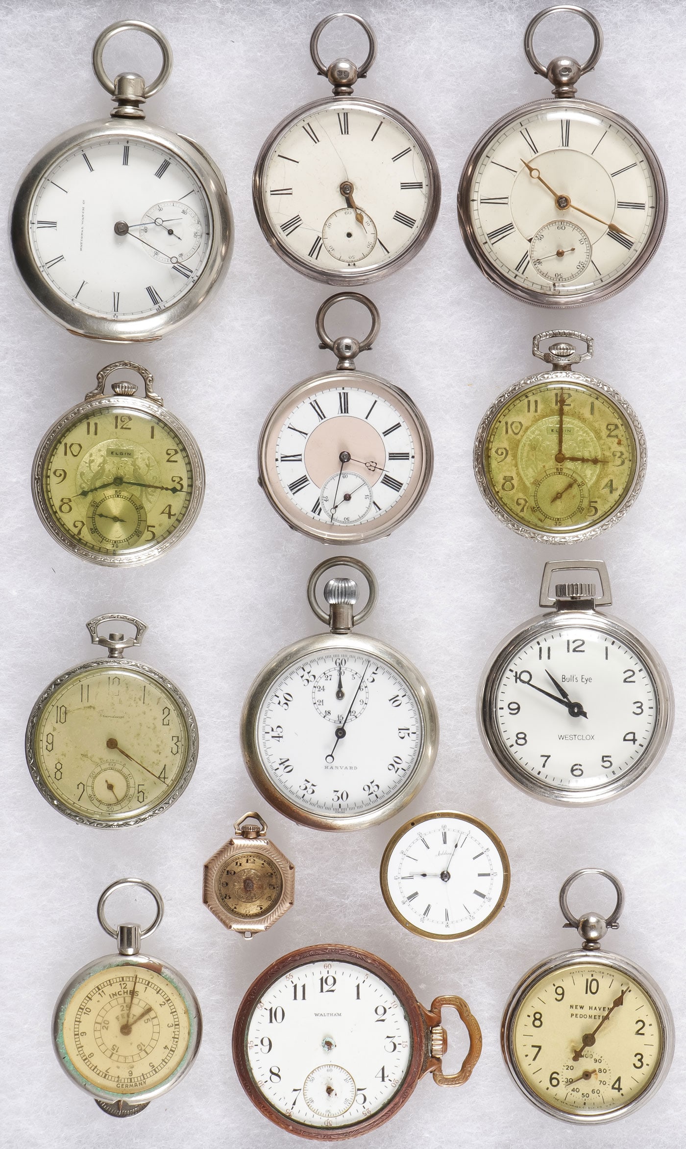 VINTAGE POCKET WATCHES AND MORE: VINTAGE POCKET WATCHES AND MORE. Comprising 9 cased pocket watches including a National (Elgin) grade 55, J.T Ryerson, open face key wind, 7 jewels, white enamel face with Roman numeral, subsidiary se