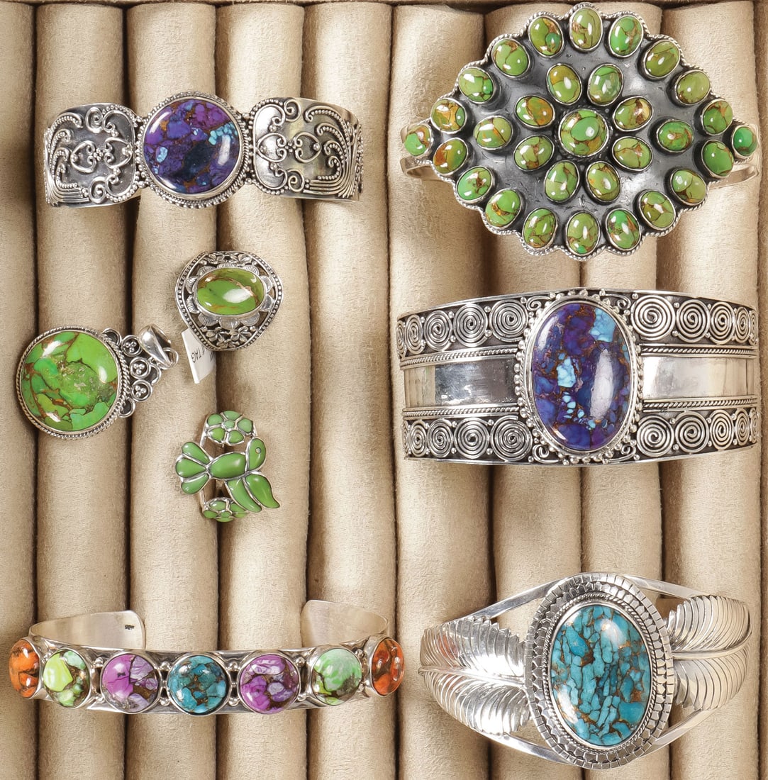 GOOD SILVER AND MOJAVE TURQUOISE LOT: GOOD SILVER AND MOJAVE TURQUOISE LOT. Comprising eight items, including a nice green Mojave turquoise cluster cuff bracelet, two purple Mojave cuff bracelets, a blue Mojave turquoise cuff bracelet, a