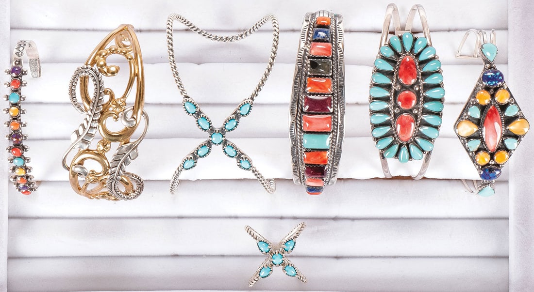SOUTHWEST STYLE BRACELET GROUP: SOUTHWEST STYLE BRACELET GROUP. Comprising six silver cuff bracelets of various design as shown, set with a variety of stones, the example pictured center right with matching ring, the turquoise and o