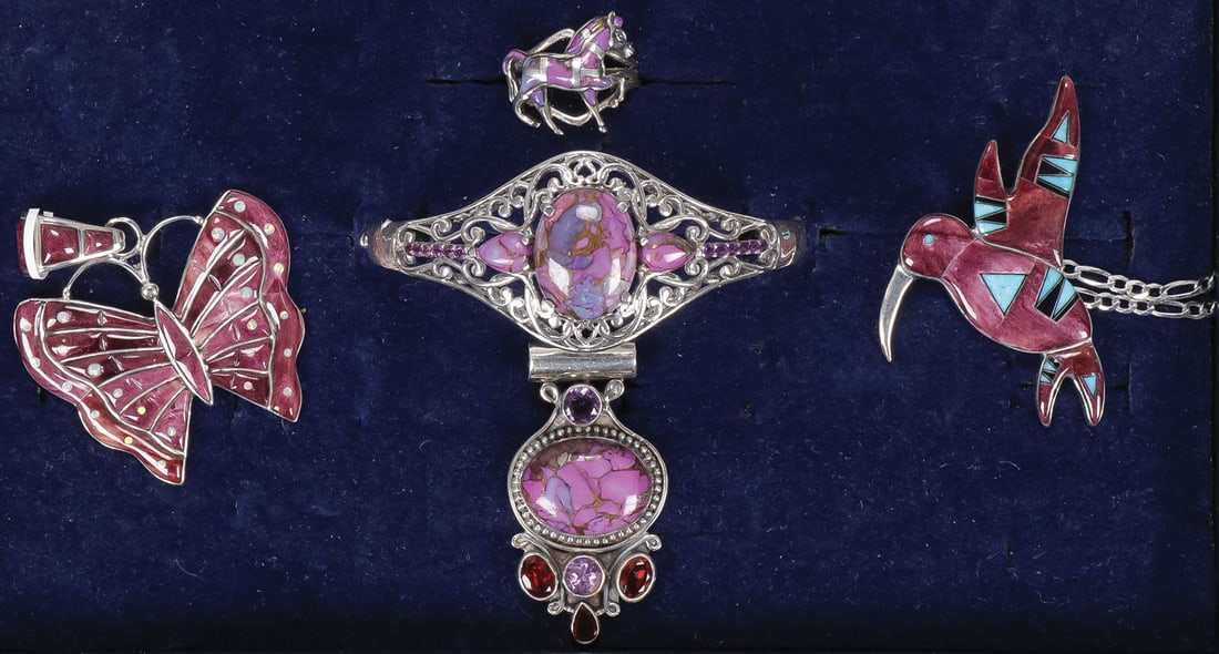 SILVER & PURPLE MOJAVE TURQUOISE JEWELRY GROUP: SILVER & PURPLE MOJAVE TURQUOISE JEWELRY GROUP. Comprising five individual pieces including three pendants, a ring, and a bangle bracelet. SHIPPING NOTICE: Except for large, oversized items, Jackson'