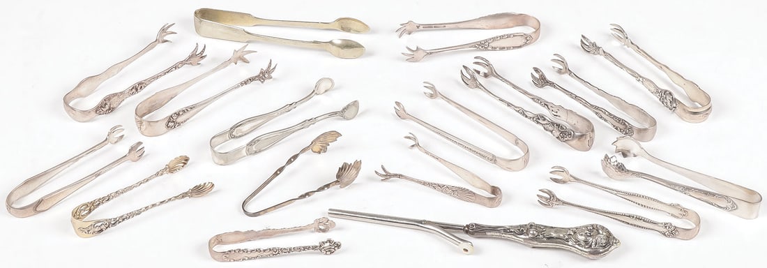 16 STERLING SUGAR TONGS, C. 1880-1910: 16 STERLING SUGAR TONGS, C. 1880-1910. Comprising 16 individual sugar tongs, some with English hallmarks, others by American makers. Various designs, including eagle claw talons and others as shown. A