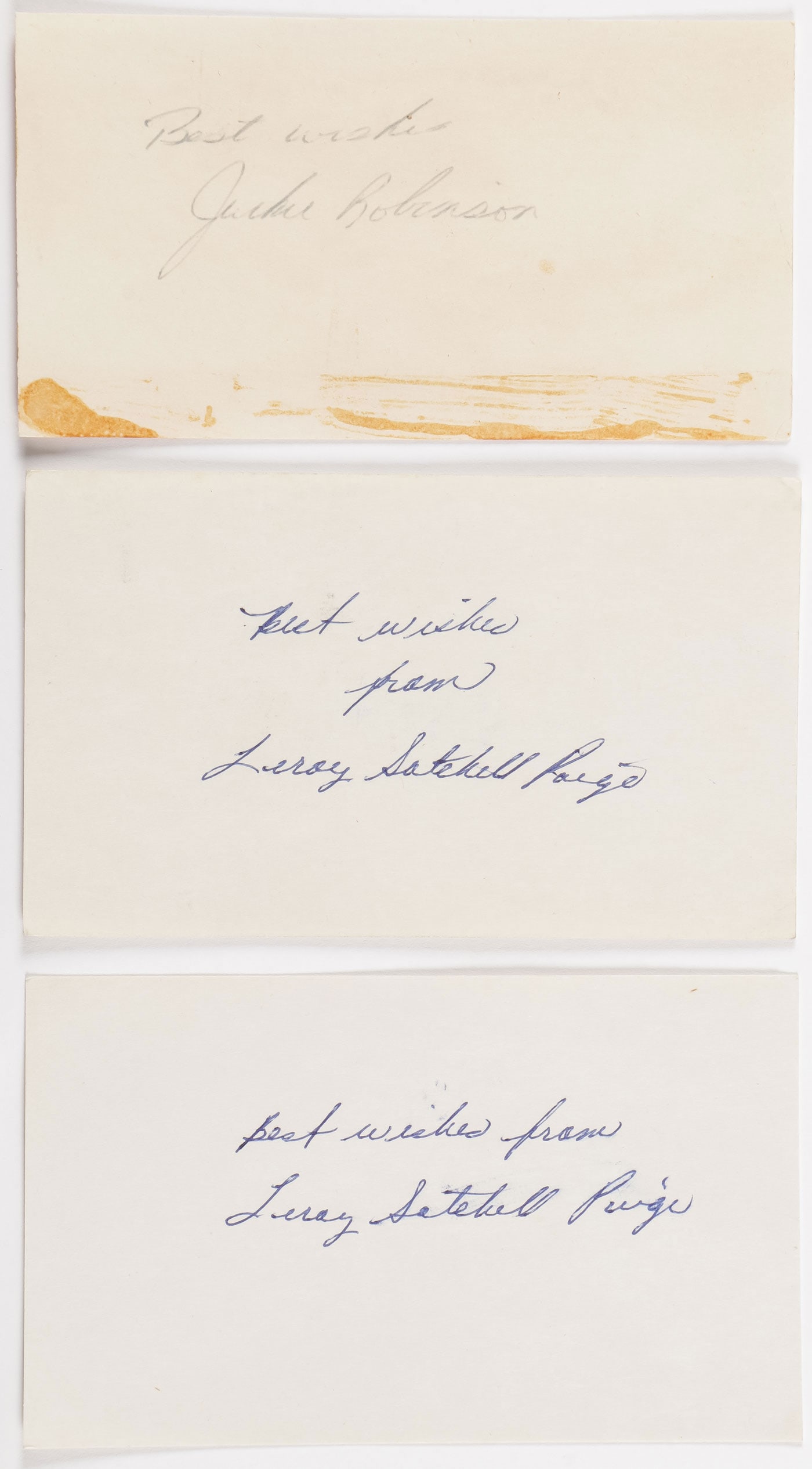 JACKIE ROBINSON & SATCHEL PAIGE AUTOGRAPHS: JACKIE ROBINSON & SATCHEL PAIGE AUTOGRAPHS. Each on 3" x 5" cards, including one Jackie Robinson and 2 Satchel Paige hand signed cards. SHIPPING NOTICE: Except for large, oversized items, Jackson's is